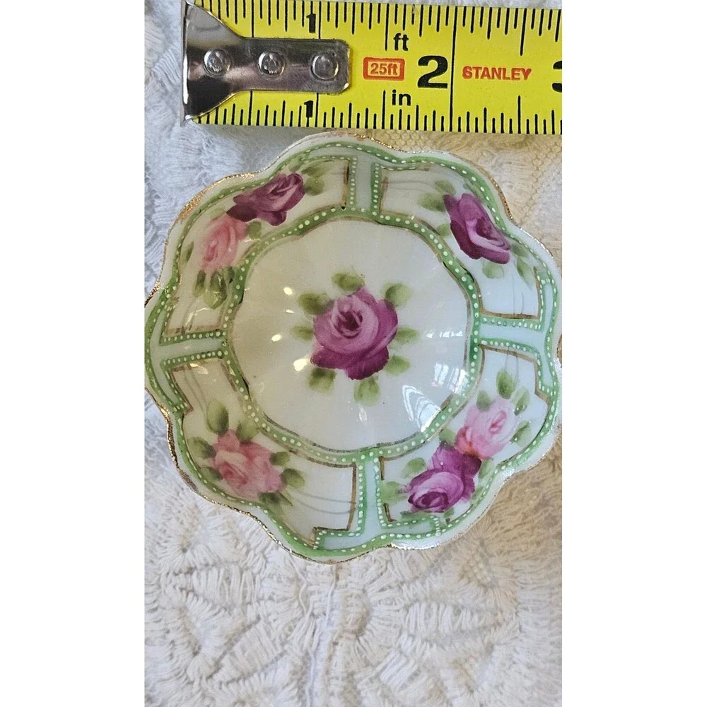 Antique Hand-Painted Floral Footed Bowl  Nippon-Style Mark Gold Trim 3